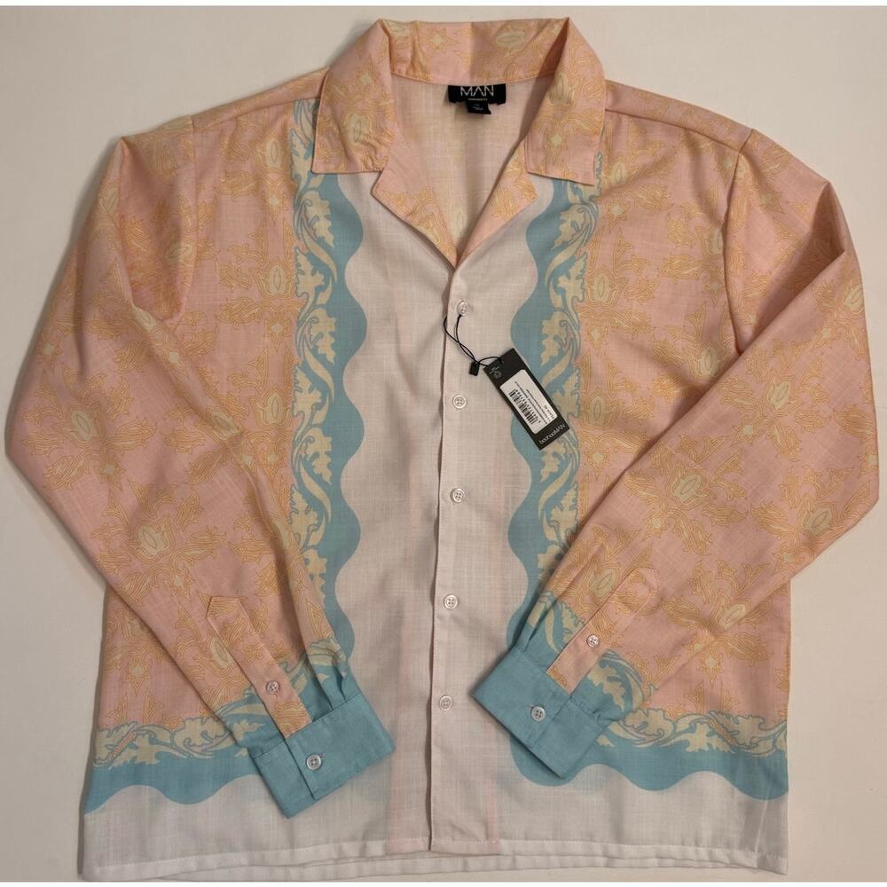 NWT Boohoo MAN Boxy Slub Wavy Floral Border Printed Shirt Sz XS Peach